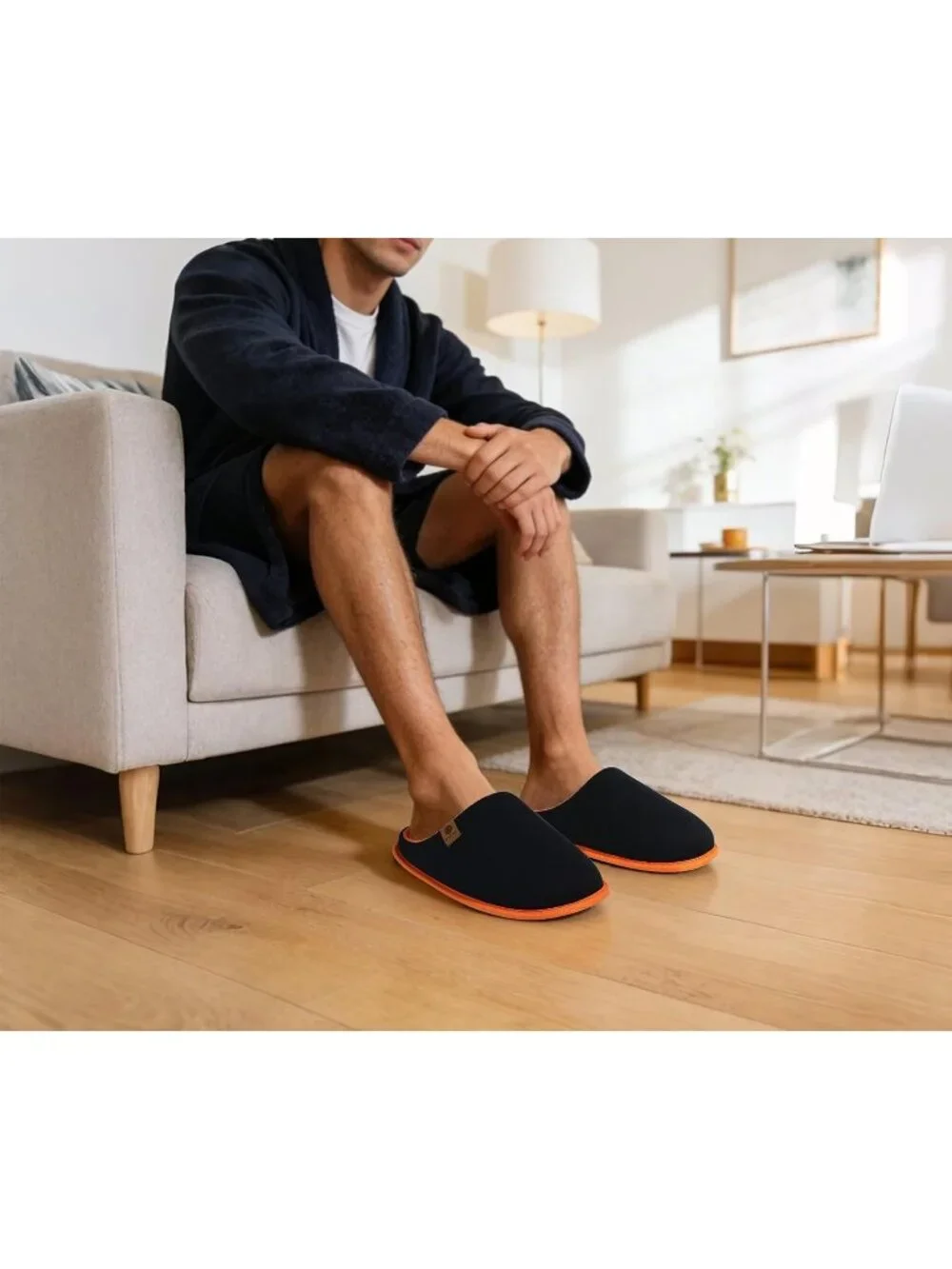 Men's Black Orange Cushion Foam Shake Fleece Faux Fur Lining House Slipper Shoes